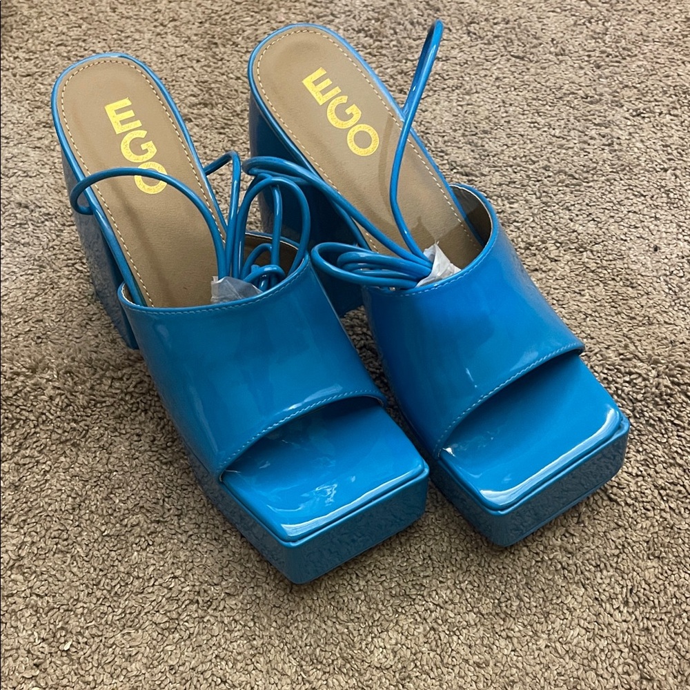 EGO Lace Up Glossy Electric Blue Platform Mule Sandals Sz UK7/US9